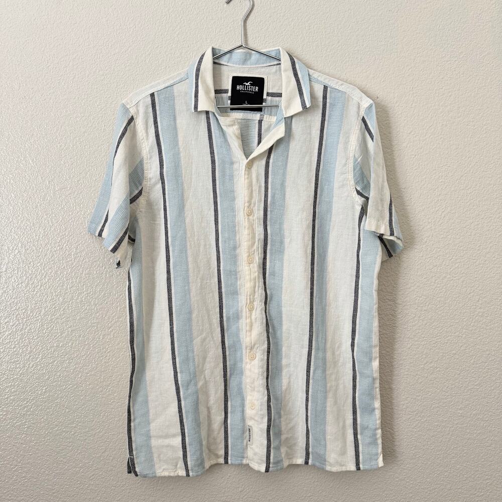 Hollister linen blend stripe button up shirt short sleeve blue white black